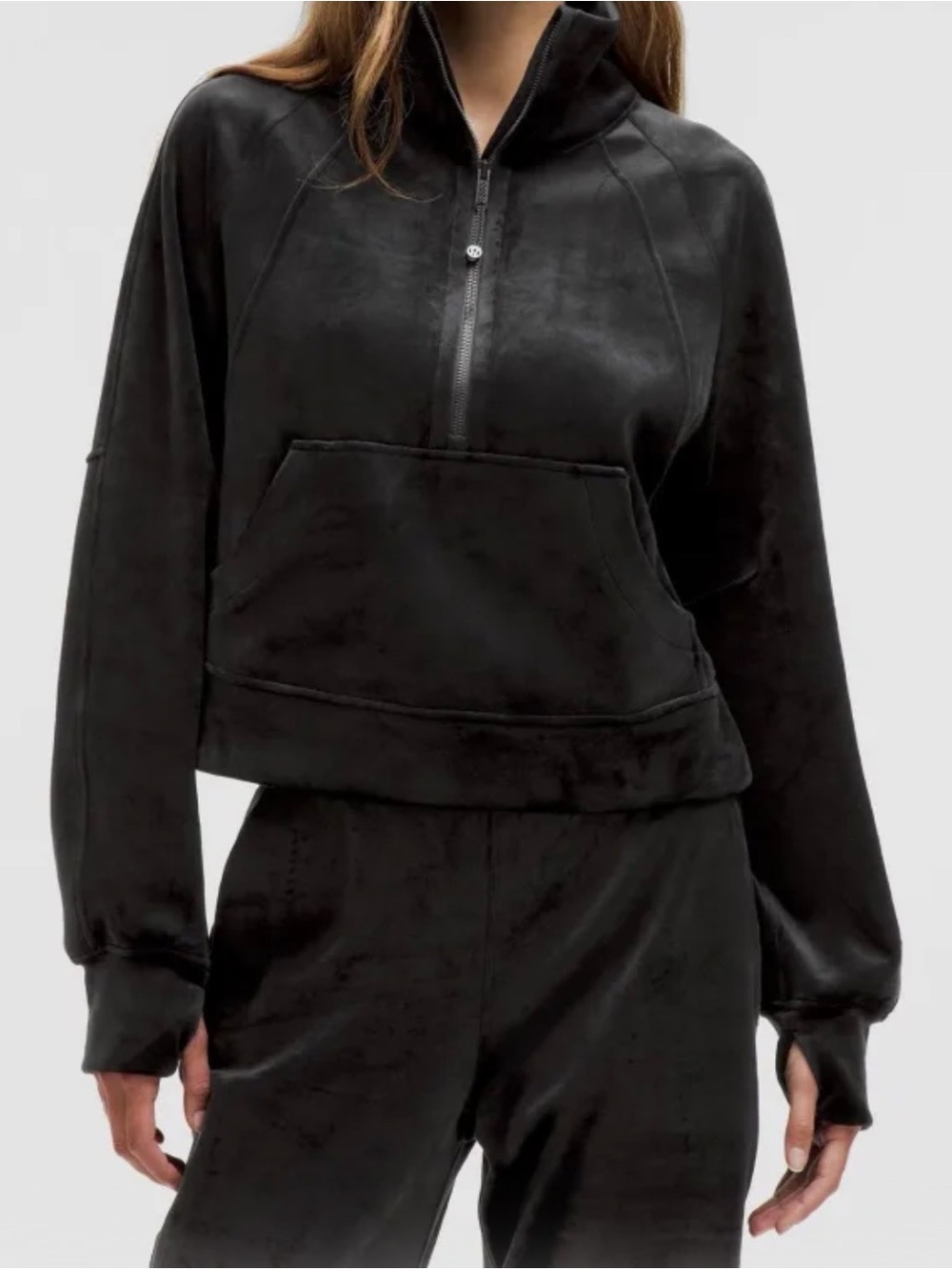Lululemon Women's Black Cropped Velour Half-Zip Pullover, size m/l med